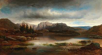一个有山湖的黄昏景观`An Evening Landscape with a Mountain Lake (1885) by Carl Millner