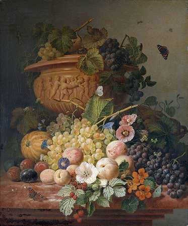 Eelke Jelles Eelkema的《带花和水果的静物画》`Still Life with Flowers and Fruit (1824) by Eelke Jelles Eelkema