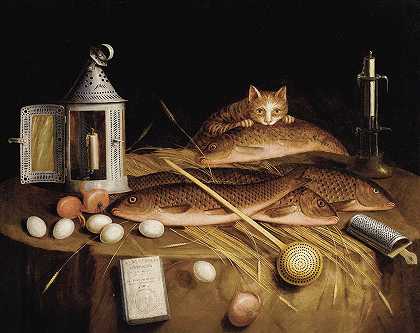 Sebastian Stoskopff的《厨房静物与鱼和猫》`Kitchen Still Life with Fish and Cat (circa 1650) by Circle Of Sebastian Stoskopff
