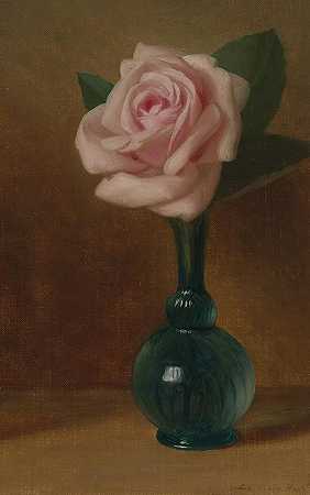 乔治·亨利·霍尔的绿色花瓶中的粉红玫瑰`Pink Rose In A Green Vas (circa 1880~1889) by George Henry Hall