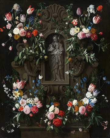 丹尼尔·塞格斯的圣母玛利亚雕塑周围的花环`Garland of Flowers surrounding a Sculpture of the Virgin Mary (1645) by Daniel Seghers