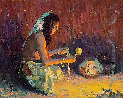 印度勇士跪在火光前`Indian Brave Kneeling Before the Firelight (1921) by Eanger Irving Couse