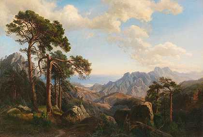 从科西嘉岛维瓦里奥附近的索巴山口俯瞰松树`Aussicht vom Col di Sorba bei Vivario mit Pinien, Korsika (1871) by Carl Hummel