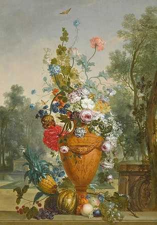 雅各布斯·林霍斯特（Jacobus Linthorst）的一个花园里，一瓶牡丹、菊花和一朵带有异国水果的康乃馨`A Vase Of Peonies, Chrysanthemums And A Carnation With Exotic Fruits In A Garden by Jacobus Linthorst