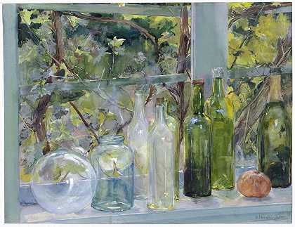 窗台上有瓶子，一个玻璃球和一个苹果`Windowsill with Bottles, a Glass Globe and an Apple (c. 1892) by Menso Kamerlingh Onnes