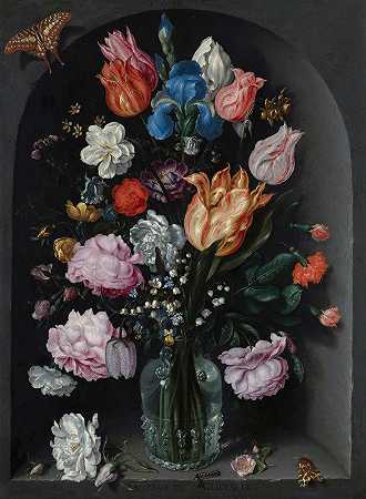雅各布·德盖恩二世的《玻璃瓶中的花朵》`Flowers in a Glass Flask (1612) by Jacob de Gheyn II