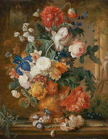 牡丹、玫瑰、康乃馨、鸢尾花、海葵、黑木耳和其他花卉都是由梅拉妮·德科莫拉（Mélanie de Comolera）制作的陶土花瓶`Peonies, Roses, Carnations, An Iris, Anemones, Auricula And Other Flowers In A Terracotta Vase (1827) by Mélanie de Comolera