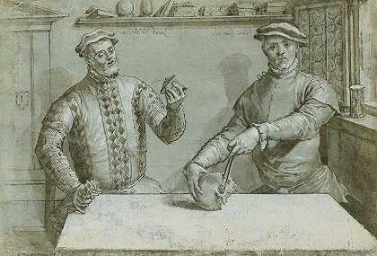 汉斯·弗拉特和雅各布·冯·德·伯奇的双画像`A Double Portrait of Hans Furraht and Jacob von der Burch (1560) by Ludger Tom Ring the Younger