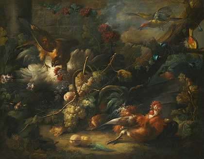森林地面上的静物，家禽被约翰·施洗者德雷克斯勒的鹰攻击`A Forest Floor Still Life With Poultry Attacked By A Hawk by Johann Baptist Drechsler