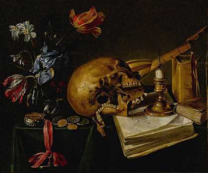 西蒙·雷纳德·德·圣安德烈（Simon Renard de Saint André）的一张桌子上摆着一个骷髅头、一本音乐书、一支熄灭的蜡烛、一束垂死的鲜花和其他瓦尼塔斯（vanitas）物件的静物`A still life with a skull, a music book, a snuffed~out candle, a bouquet of dying flowers and other vanitas objects on a table by Simon Renard de Saint-André