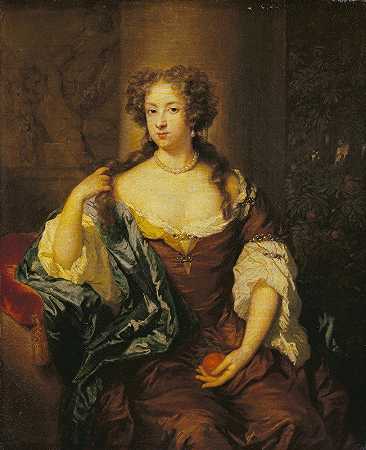 一位戴着橘子的女士的肖像`Portrait of a Lady with an Orange (1681) by Caspar Netscher