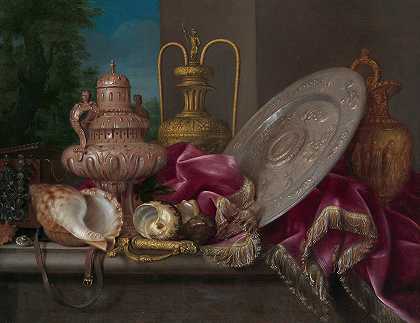 梅夫伦·孔特的《第四季静物与金银盘、贝壳和剑》`Still Life with Silver and Gold Plate, Shells, and a Sword fourth quarter (17th century) by Meiffren Conte