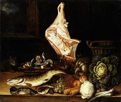 克里斯蒂安·冯·图姆（Christian von Thum）的《小牛肉、绿色蔬菜和鱼的结合》静物画`Still Life with a Joint of Veal, Greens and Fish by Christian von Thum