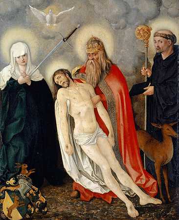 悲伤女神和圣贾尔斯之间的神圣三位一体`The Holy Trinity between the Lady of Sorrows and Saint Giles (1513~16) by Hans Baldung