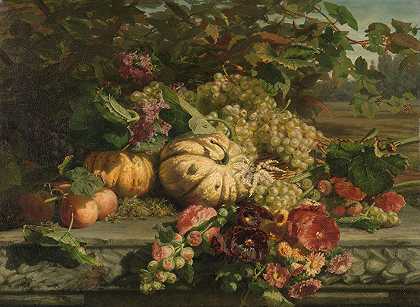 杰拉尔迪娜·雅各巴·范·德·桑德·巴克朱赞的《带花和水果的静物画》`Still Life with Flowers and Fruit (1869) by Gerardina Jacoba van de Sande Bakhuyzen