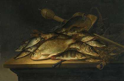 静物画，有鱼、渔网、渔具，桌子上放着一把刀`Still Life With Fish, Nets, Fishing Equipment And A Knife On A Table by Pieter de Putter