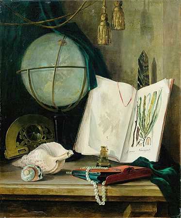 托马斯·日尔曼·约瑟夫·杜维维尔的《带地球仪和贝壳的静物》`Still life with a globe and shells by Thomas Germain Joseph Duvivier