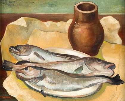 维克多·普朗克的《鱼与静物》`Still life with fish (1925) by Viktor Planckh