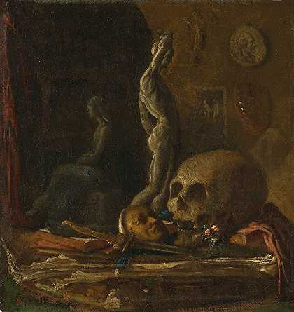 艺术家桌上的头骨、面具、剑、小雕像和书法国学派的《铜上的画室油》`A skull, mask, sword, statuette and book on a table in an artists studio oil on copper (18th Century) by French School