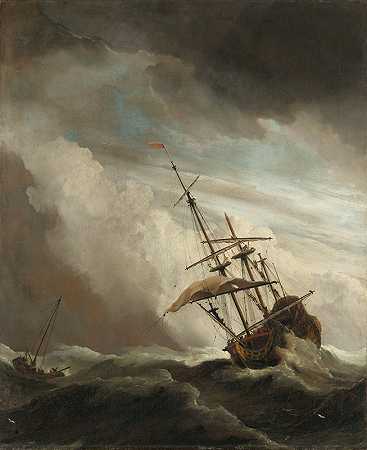 公海上的一艘船被捕获`A Ship on the High Seas Caught by a Squall, Known as ‘The Gust’ (c. 1680) by a Squall, Known as ‘The Gust’ by Willem van de Velde the Younger