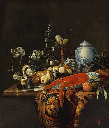 Huybert van Westhoven创作的一幅带有水果和各种物品的不朽静物画`A monumental still life with fruit and various objects by Huybert van Westhoven