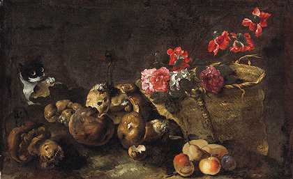 西蒙娜·德尔·丁托的《蘑菇、水果、一篮花和一只猫的静物画》`Still Life With Mushrooms, Fruit, A Basket Of Flowers And A Cat by Simone Del Tintore