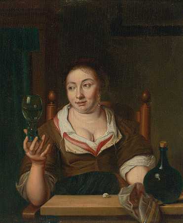 拿着一杯葡萄酒的年轻女子`Young Woman Holding A Glass Of Wine by Ary de Vois