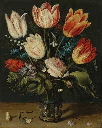 《玻璃花瓶中郁金香和其他花卉的静物画》，安德里斯·丹尼尔斯著`Still Life Of Tulips And Other Flowers In A Glass Vase by Andries Daniels