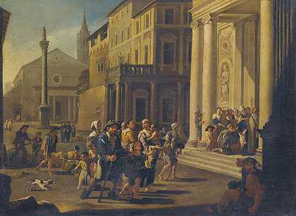 一个主教在教堂前治疗病人和受伤者的城镇景观`A Townscape With A Bishop Healing The Sick And Injured In Front Of A Church (1674) by Willem Reuter
