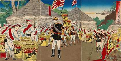 庆祝的清酒标志着胜利进入阿瑟港`Celebratory Sake Served to Mark the Triumphal Entrance into Port Arthur (1894) by Watanabe Nobukazu
