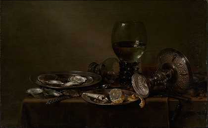 Willem Claesz Heda的《牡蛎静物》、《银色塔扎》和《玻璃器皿》`Still Life with Oysters, a Silver Tazza, and Glassware (1635) by Willem Claesz Heda