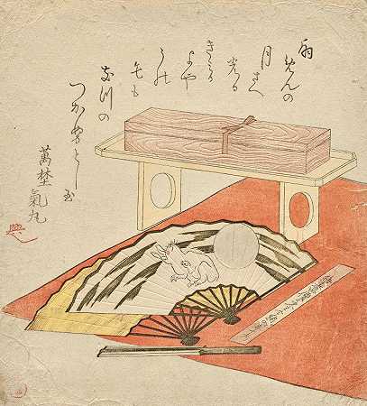 扇子在红色毛毯上画兔子和月亮`Fan painting of rabbit and moon, on a red felt blanket (1819) by Kubo Shunman