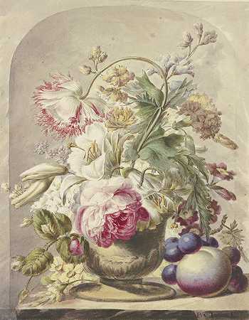 花瓶里的花束，右前方是J·H·范龙的一个桃子和一些葡萄`Bouquet In Einer Vase, Vorne Rechts Ein Pfirsich Und Einige Trauben by J. H. Van Loon