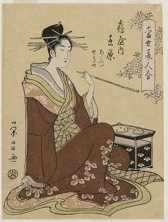 Tsuruya的妓女Ariwara坐着`The Courtesan Ariwara of the Tsuruya Seated by a Smoking Chest (From the series A Collection of Modern Beauties) (mid 1790s) by a Smoking Chest (From the series A Collection of Modern Beauties) by Chōbunsai Eishi