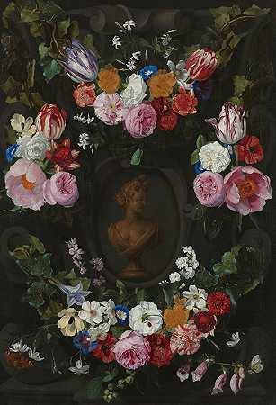Cartouche装饰着扬·菲利普·范·蒂伦（Jan Philip van Thielen）的花环和花束`Cartouche Decorated with Swags and Sprays of Flowers (1665) by Jan Philip van Thielen