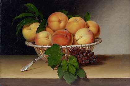 拉斐尔·皮尔的《静物，桃篮》`Still Life, Basket of Peaches (1816) by Raphaelle Peale