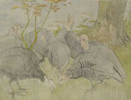 花园里的火鸡`Kalkoenen in een tuin (1873 ~ 1917) by Theo van Hoytema