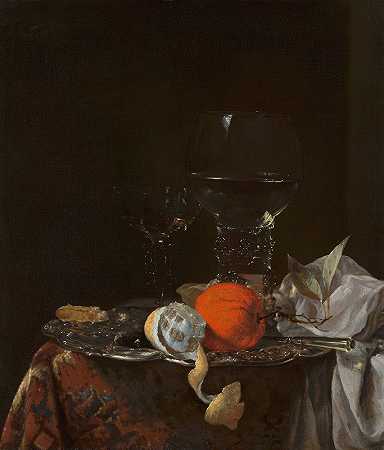 威廉·卡尔夫（Willem Kalf）的银盘上放着水果和酒杯的静物画`Still Life with Fruit and Wineglasses on a Silver Plate (c. 1659 ~ 1660) by Willem Kalf