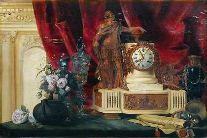 静物画，配有镀金青铜挂钟和弗朗索瓦·莱昂纳德·杜邦（François-Léonard Dupont）的Sèvres瓷瓶`Still Life With A Gilt Bronze Mantle Clock And Sèvres Porcelain Vase by François-Léonard Dupont
