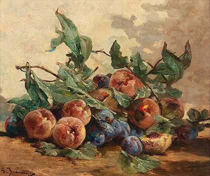 《水果与李子与桃子的静物》，乔治·詹宁著`Still Life with Fruit, with Plums and Peaches by Georges Jeannin