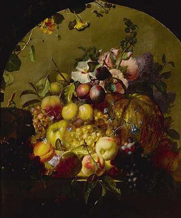 Jean Baptiste Robie的《带水果和花的静物画》`Still Life With Fruit And Flowers  (1842) by Jean-Baptiste Robie