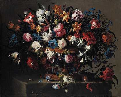 胡安·德·阿雷亚诺的小花篮`Small Basket of Flowers (1671) by Juan de Arellano