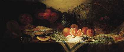 《甜瓜、葡萄和橙子的静物》，乔治·威廉·惠特克著`Still Life with Melon, Grapes, and Oranges (1880) by George William Whitaker