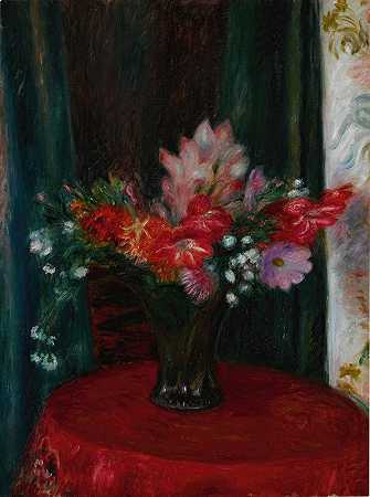 威廉·詹姆斯·格拉肯斯的红色桌布上的花束`Bouquet on Red Tablecloth by William James Glackens