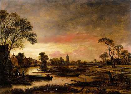 河流景观`River Landscape (c. 1650) by Aert van der Neer