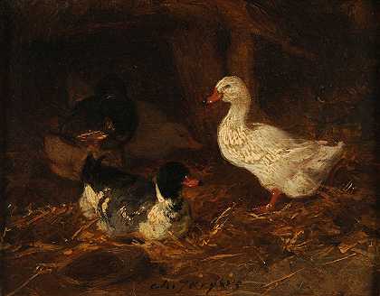 院子里的鸭子`Canards dans une basse~cour by Charles Emile Jacque