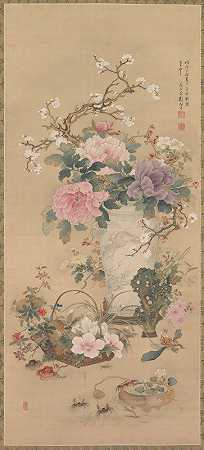 有蚱蜢、海洋生物和花园岩石的花瓶`Vase of Flowers with Grasshopper, Marine Life, and Garden Rock (late 1800s) by Okabe Ko