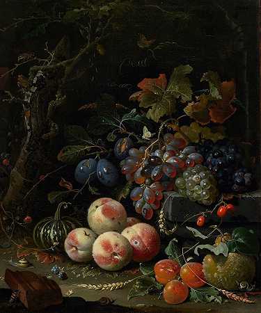 亚伯拉罕·米格农的《水果、树叶和昆虫的静物》`Still Life with Fruits, Foliage and Insects (c. 1669) by Abraham Mignon