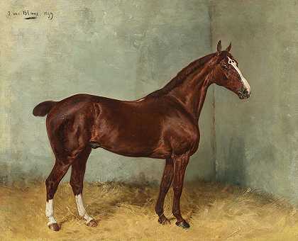 马厩里燃烧着白火的海湾马`A Bay Horse with White Blaze in a Stable (1899) by Julius von Blaas