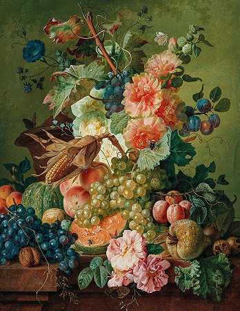 鲜花、水果和一颗玉米棒放在桌架上，保罗·西奥多·范·布鲁塞尔著`Flowers, Fruit And A Corn On The Cob On A Table Ledge (1786) by Paul Theodor Van Brussel